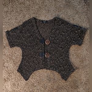 Kaktus Cardigan Womens Black Open Knit Button Down V Neck Short Sleeve